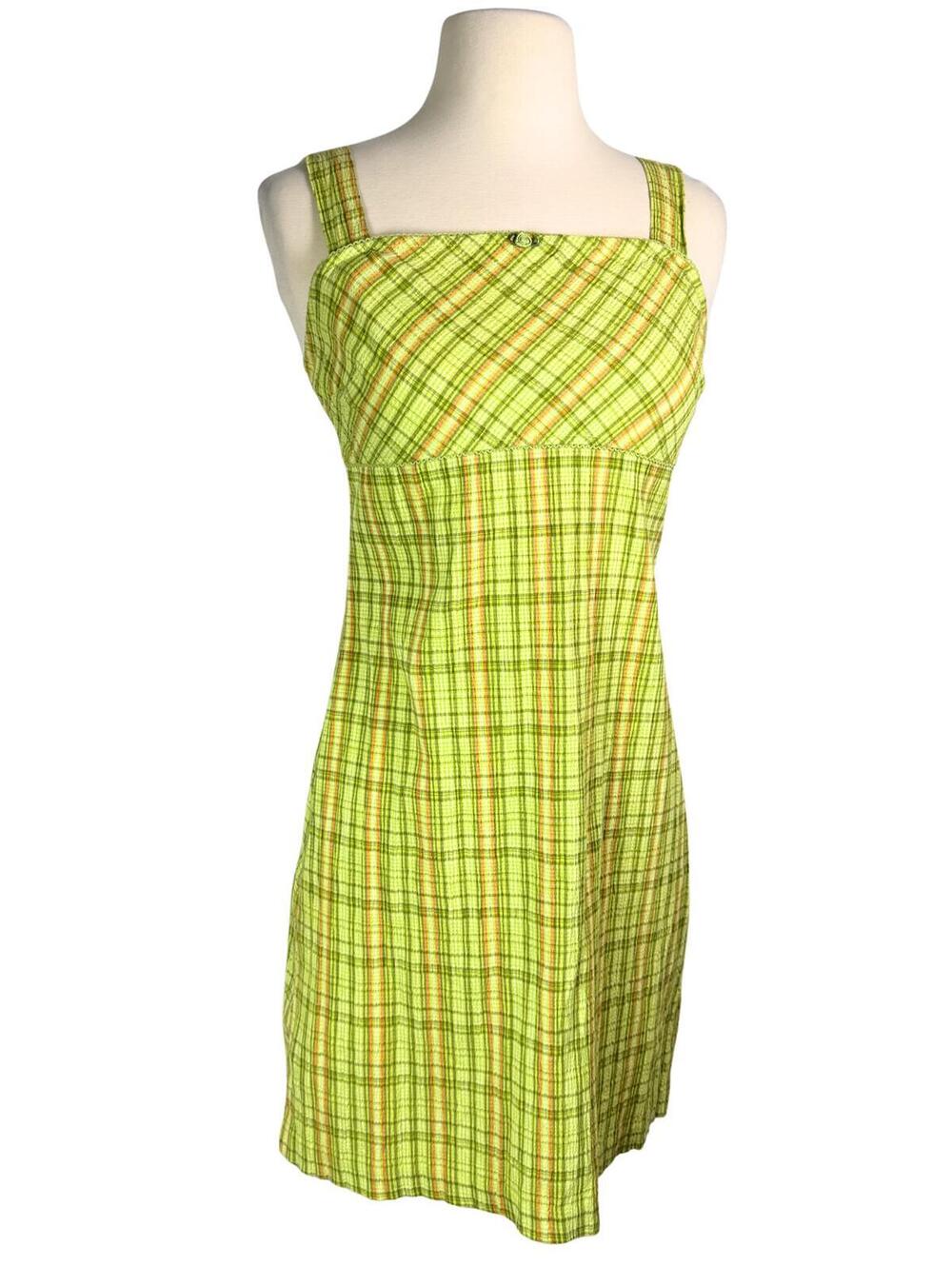 Y2K California Concepts Lime Green Plaid Seersucker Mini Dress Size 5